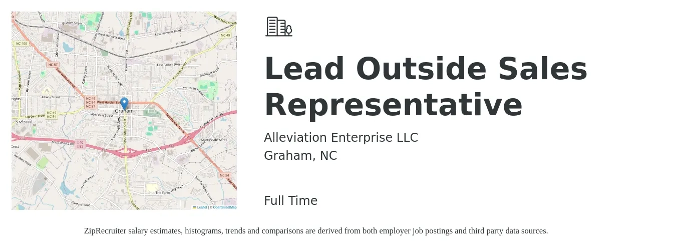 Alleviation Enterprise LLC job posting for a Lead Outside Sales Representative in Graham, NC with a salary of $42,200 to $72,300 Yearly with a map of Graham location.