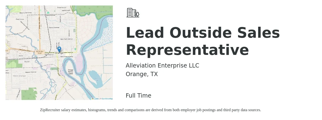Alleviation Enterprise LLC job posting for a Lead Outside Sales Representative in Orange, TX with a salary of $49,800 to $85,300 Yearly with a map of Orange location.
