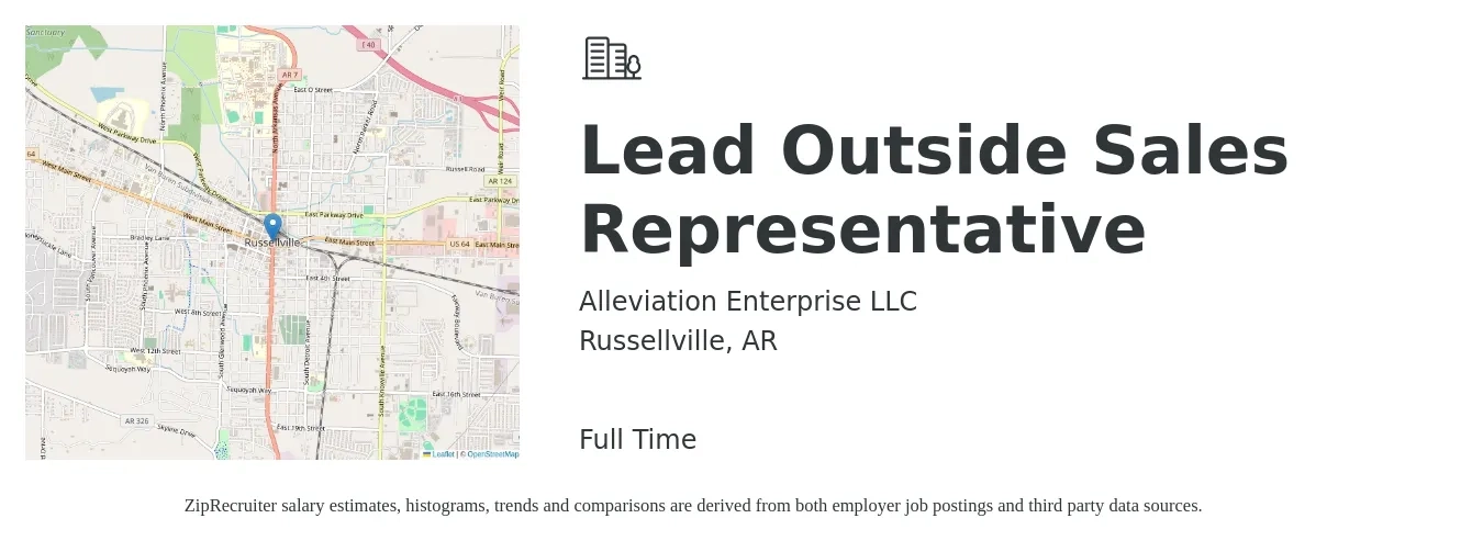 Alleviation Enterprise LLC job posting for a Lead Outside Sales Representative in Russellville, AR with a salary of $45,600 to $78,100 Yearly with a map of Russellville location.