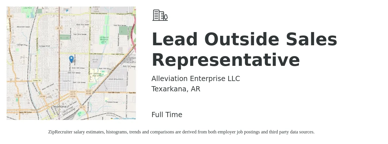 Alleviation Enterprise LLC job posting for a Lead Outside Sales Representative in Texarkana, AR with a salary of $48,900 to $83,800 Yearly with a map of Texarkana location.