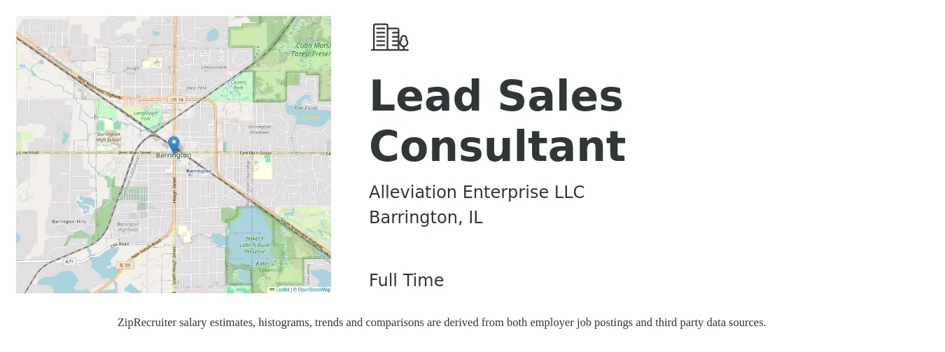 Alleviation Enterprise LLC job posting for a Lead Sales Consultant in Barrington, IL with a salary of $14,920 to $29,180 Monthly with a map of Barrington location.