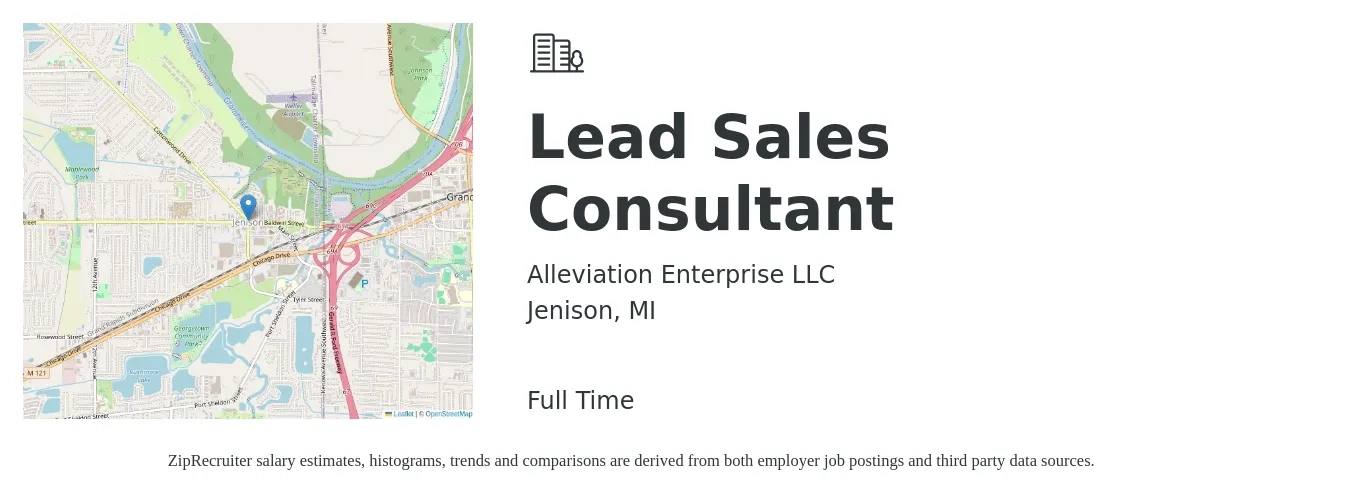 Alleviation Enterprise LLC job posting for a Lead Sales Consultant in Jenison, MI with a salary of $13,560 to $26,510 Monthly with a map of Jenison location.