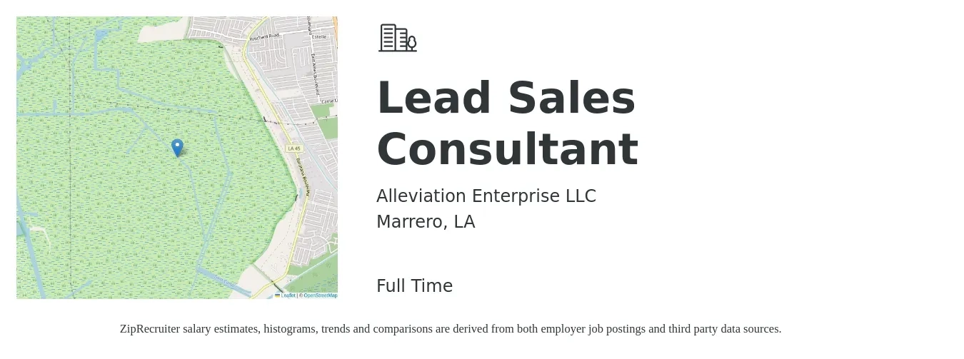 Alleviation Enterprise LLC job posting for a Lead Sales Consultant in Marrero, LA with a salary of $13,710 to $26,810 Monthly with a map of Marrero location.