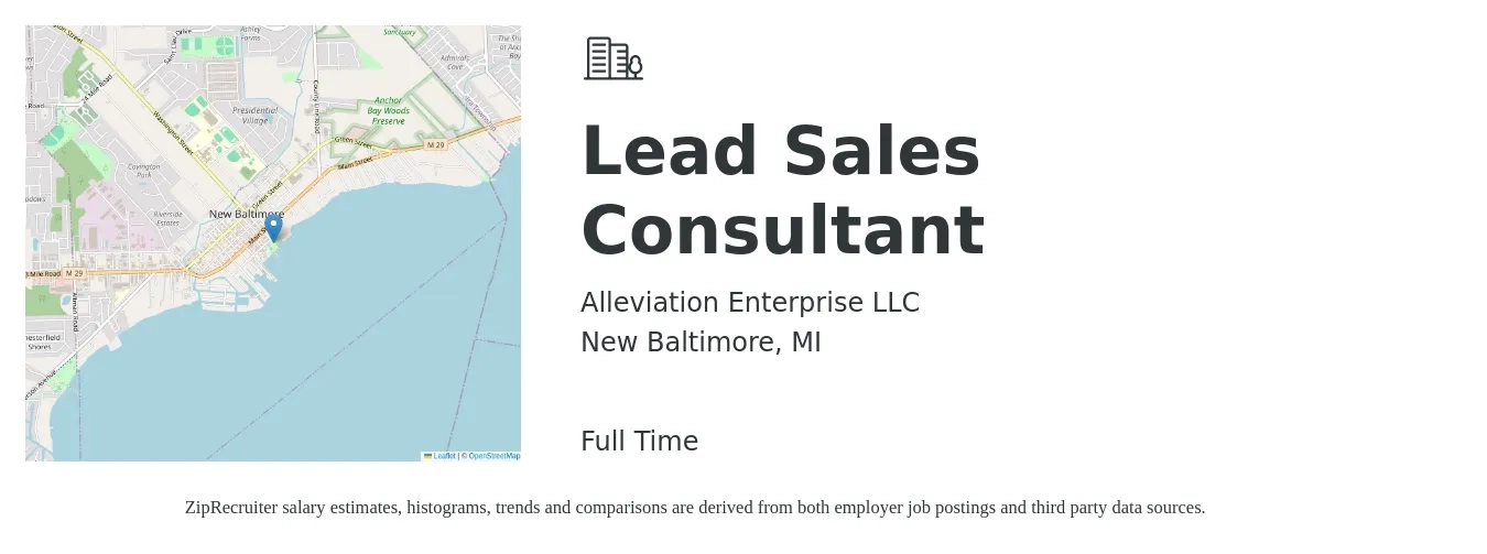 Alleviation Enterprise LLC job posting for a Lead Sales Consultant in New Baltimore, MI with a salary of $13,620 to $26,650 Monthly with a map of New Baltimore location.