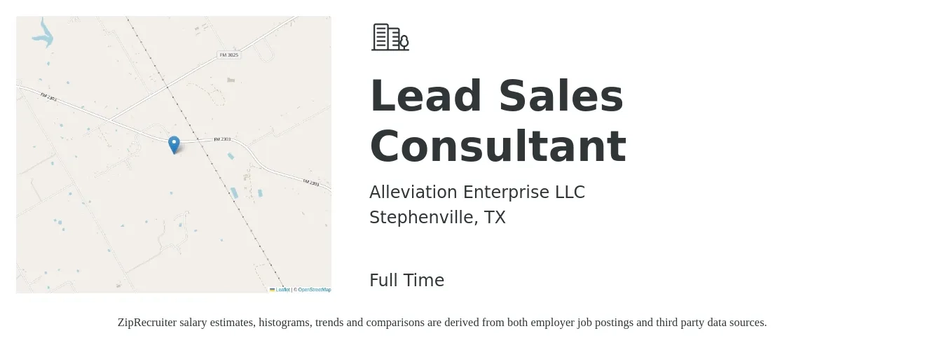 Alleviation Enterprise LLC job posting for a Lead Sales Consultant in Stephenville, TX with a salary of $13,720 to $26,840 Monthly with a map of Stephenville location.