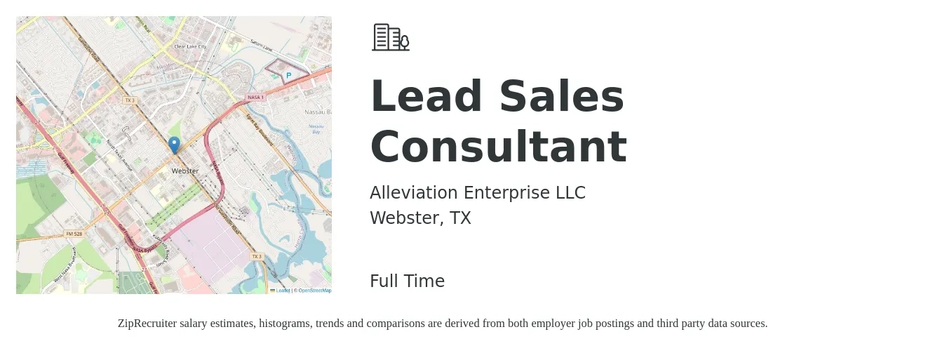Alleviation Enterprise LLC job posting for a Lead Sales Consultant in Webster, TX with a salary of $13,160 to $25,730 Monthly with a map of Webster location.