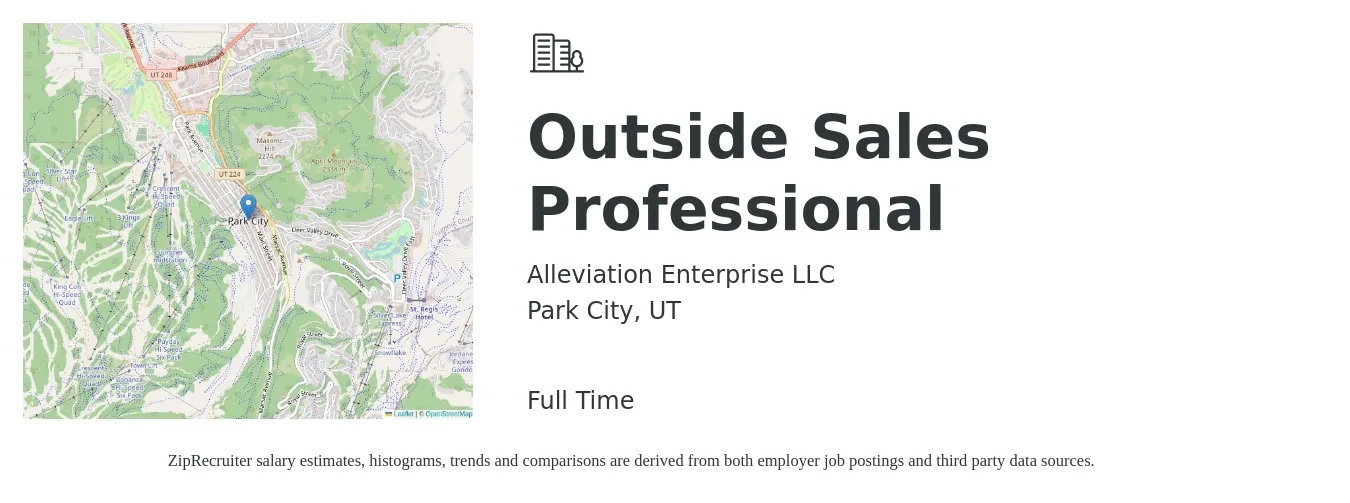 Alleviation Enterprise LLC job posting for a Outside Sales Professional in Park City, UT with a salary of $58,600 to $153,800 Yearly with a map of Park City location.