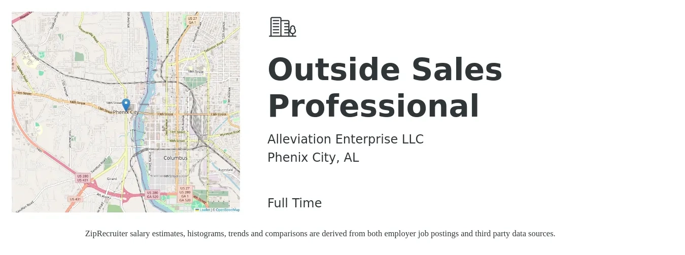 Alleviation Enterprise LLC job posting for a Outside Sales Professional in Phenix City, AL with a salary of $50,400 to $132,400 Yearly with a map of Phenix City location.