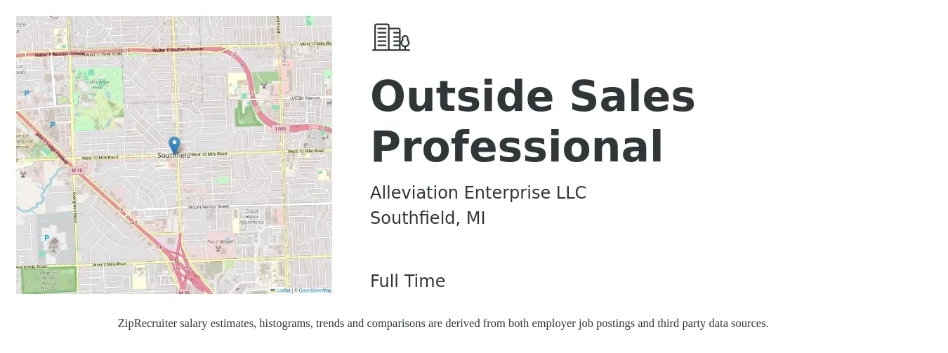 Alleviation Enterprise LLC job posting for a Outside Sales Professional in Southfield, MI with a salary of $51,400 to $134,900 Yearly with a map of Southfield location.