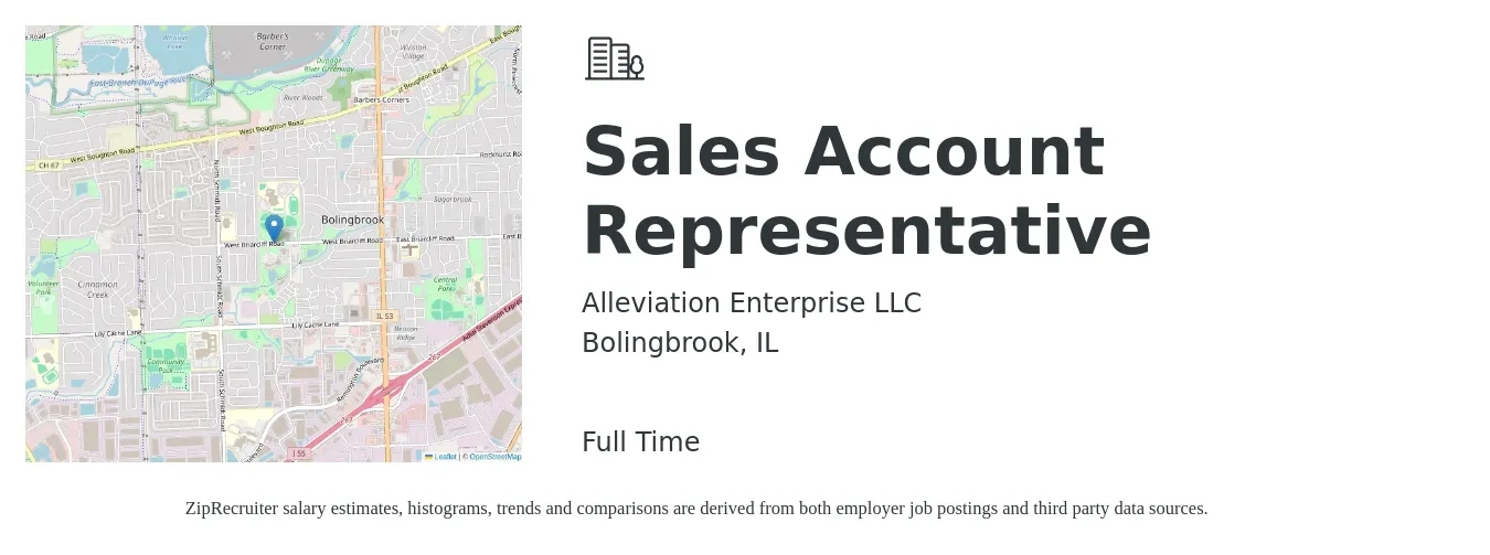 Alleviation Enterprise LLC job posting for a Sales Account Representative in Bolingbrook, IL with a salary of $41,500 to $65,300 Yearly with a map of Bolingbrook location.