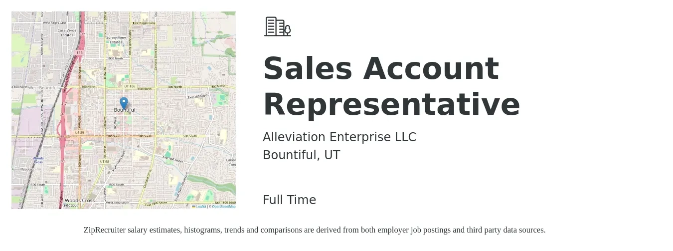 Alleviation Enterprise LLC job posting for a Sales Account Representative in Bountiful, UT with a salary of $39,600 to $62,200 Yearly with a map of Bountiful location.