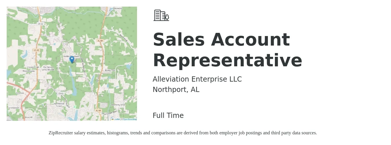 Alleviation Enterprise LLC job posting for a Sales Account Representative in Northport, AL with a salary of $39,500 to $62,100 Yearly with a map of Northport location.