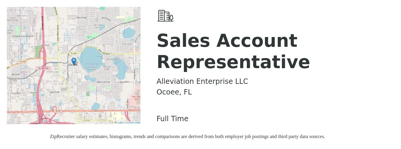 Alleviation Enterprise LLC job posting for a Sales Account Representative in Ocoee, FL with a salary of $36,900 to $58,000 Yearly with a map of Ocoee location.