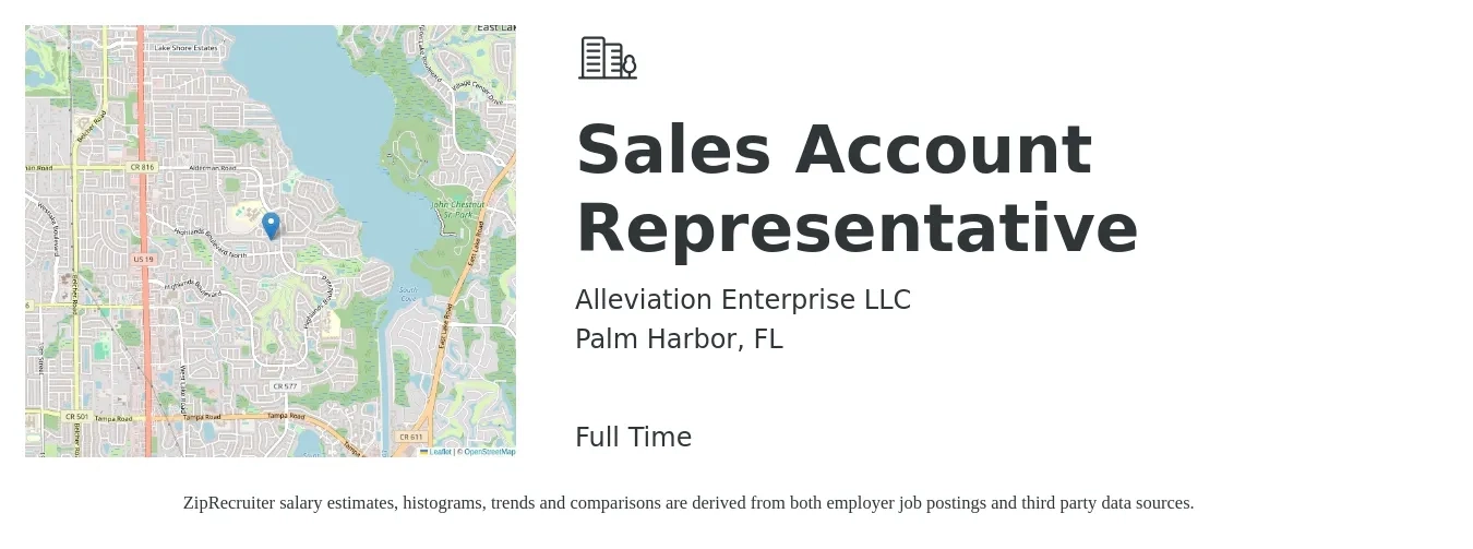 Alleviation Enterprise LLC job posting for a Sales Account Representative in Palm Harbor, FL with a salary of $37,000 to $58,100 Yearly with a map of Palm Harbor location.
