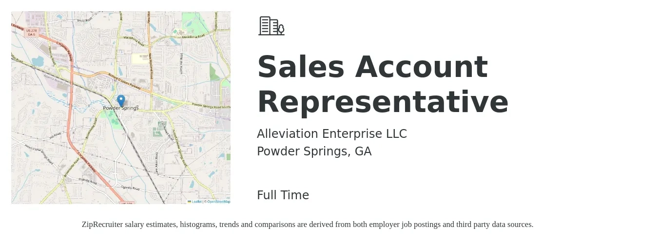 Alleviation Enterprise LLC job posting for a Sales Account Representative in Powder Springs, GA with a salary of $39,800 to $62,500 Yearly with a map of Powder Springs location.