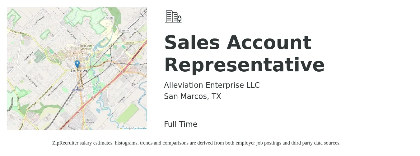 Alleviation Enterprise LLC job posting for a Sales Account Representative in San Marcos, TX with a salary of $38,000 to $59,800 Yearly with a map of San Marcos location.
