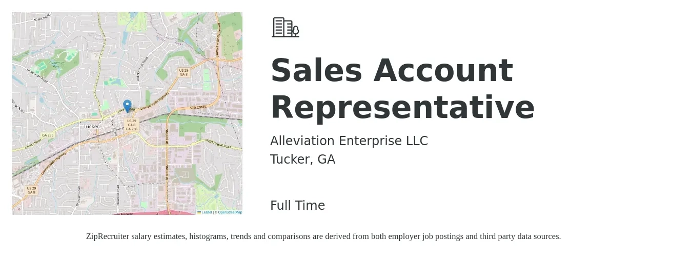 Alleviation Enterprise LLC job posting for a Sales Account Representative in Tucker, GA with a salary of $39,600 to $62,200 Yearly with a map of Tucker location.