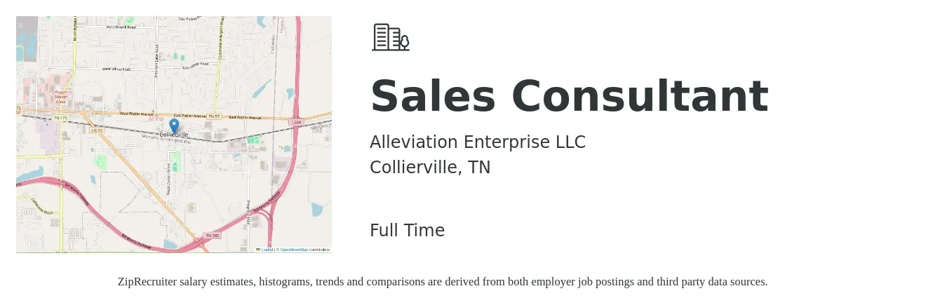 Alleviation Enterprise LLC job posting for a Sales Consultant in Collierville, TN with a salary of $35,800 to $70,300 Yearly with a map of Collierville location.