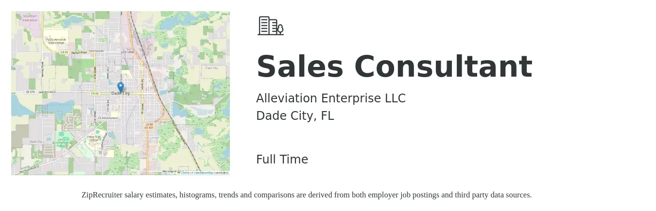 Alleviation Enterprise LLC job posting for a Sales Consultant in Dade City, FL with a salary of $34,900 to $68,600 Yearly with a map of Dade City location.