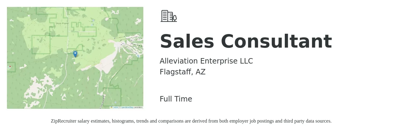 Alleviation Enterprise LLC job posting for a Sales Consultant in Flagstaff, AZ with a salary of $40,500 to $79,500 Yearly with a map of Flagstaff location.