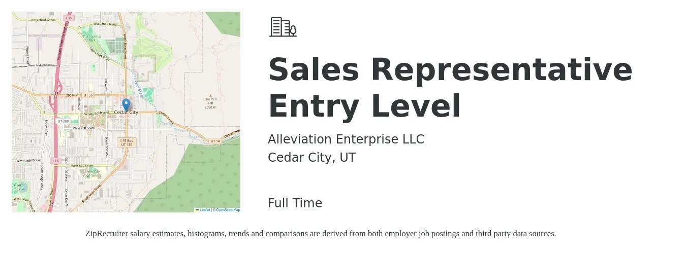 Alleviation Enterprise LLC job posting for a Sales Representative Entry Level in Cedar City, UT with a salary of $39,700 to $63,700 Yearly with a map of Cedar City location.