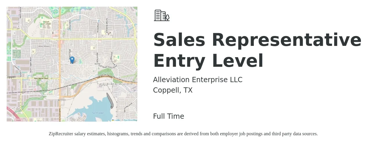 Alleviation Enterprise LLC job posting for a Sales Representative Entry Level in Coppell, TX with a salary of $43,400 to $69,700 Yearly with a map of Coppell location.