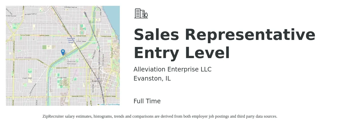Alleviation Enterprise LLC job posting for a Sales Representative Entry Level in Evanston, IL with a salary of $45,100 to $72,500 Yearly with a map of Evanston location.