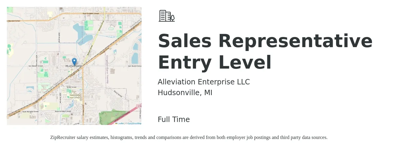 Alleviation Enterprise LLC job posting for a Sales Representative Entry Level in Hudsonville, MI with a salary of $44,100 to $70,800 Yearly with a map of Hudsonville location.