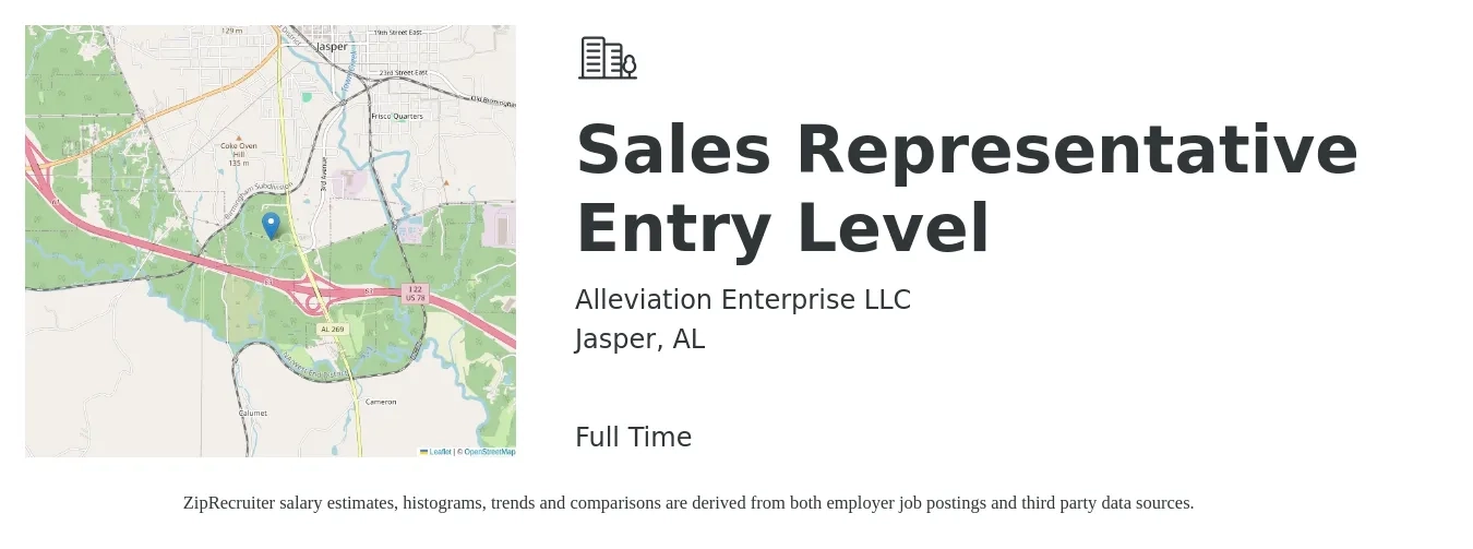 Alleviation Enterprise LLC job posting for a Sales Representative Entry Level in Jasper, AL with a salary of $41,500 to $66,700 Yearly with a map of Jasper location.