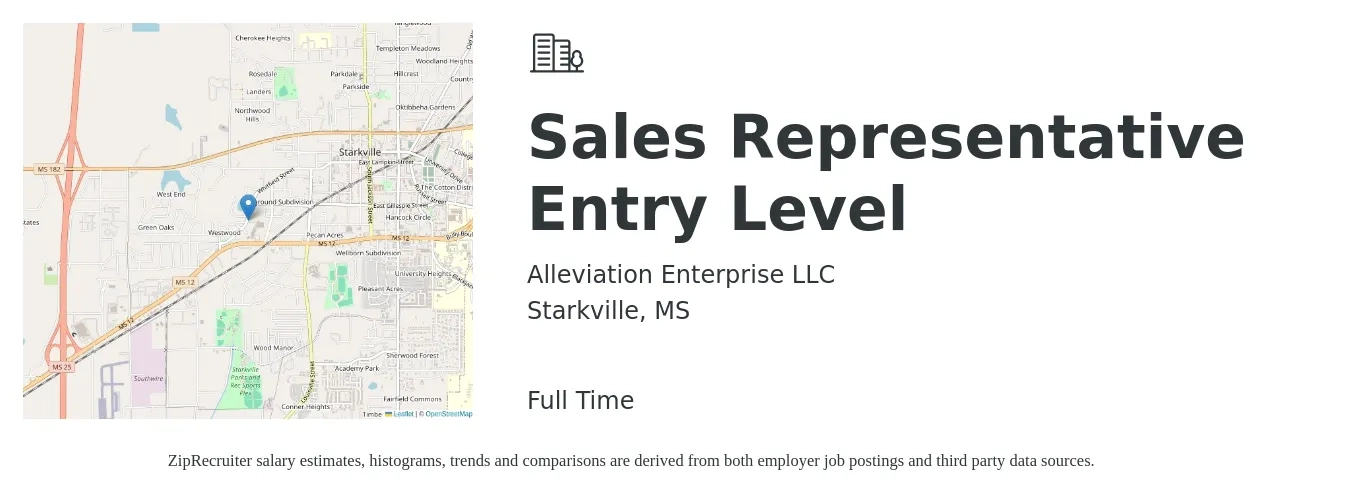 Alleviation Enterprise LLC job posting for a Sales Representative Entry Level in Starkville, MS with a salary of $42,200 to $67,800 Yearly with a map of Starkville location.