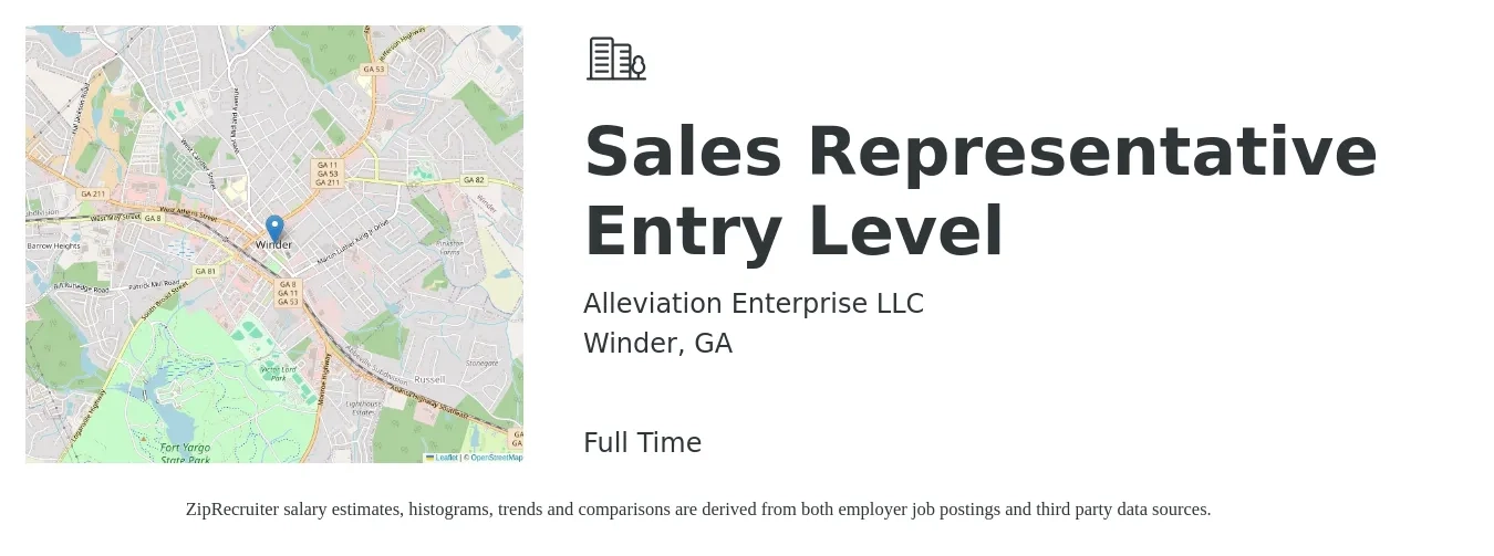 Alleviation Enterprise LLC job posting for a Sales Representative Entry Level in Winder, GA with a salary of $41,500 to $66,600 Yearly with a map of Winder location.
