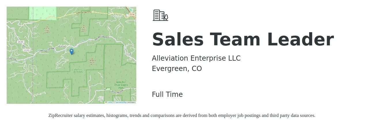 Alleviation Enterprise LLC job posting for a Sales Team Leader in Evergreen, CO with a salary of $15 to $25 Hourly with a map of Evergreen location.
