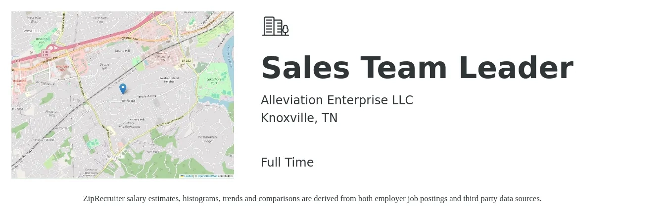 Alleviation Enterprise LLC job posting for a Sales Team Leader in Knoxville, TN with a salary of $15 to $24 Hourly with a map of Knoxville location.
