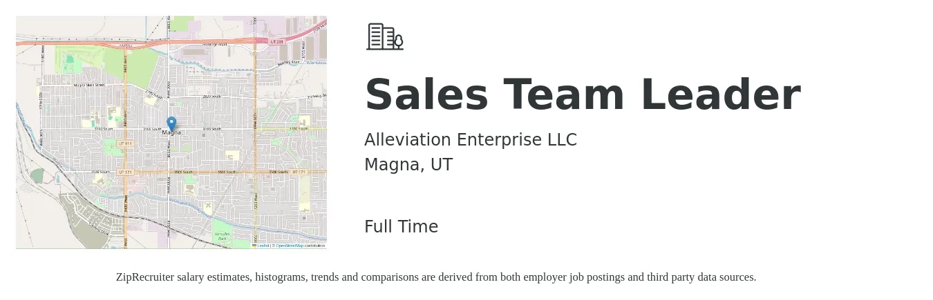 Alleviation Enterprise LLC job posting for a Sales Team Leader in Magna, UT with a salary of $15 to $25 Hourly with a map of Magna location.