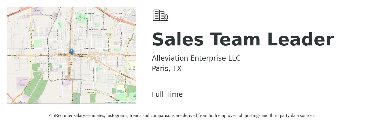 Alleviation Enterprise LLC job posting for a Sales Team Leader in Paris, TX with a salary of $12 to $20 Hourly with a map of Paris location.