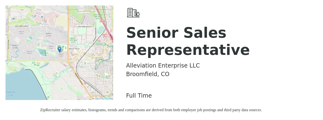 Alleviation Enterprise LLC job posting for a Senior Sales Representative in Broomfield, CO with a salary of $65,500 to $120,400 Yearly with a map of Broomfield location.