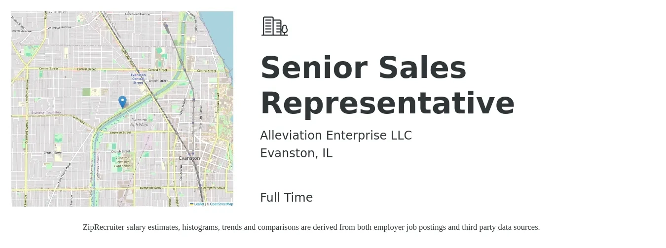 Alleviation Enterprise LLC job posting for a Senior Sales Representative in Evanston, IL with a salary of $62,400 to $114,700 Yearly with a map of Evanston location.