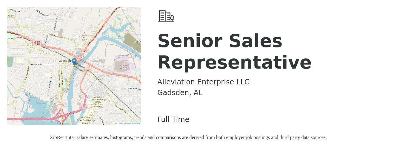 Alleviation Enterprise LLC job posting for a Senior Sales Representative in Gadsden, AL with a salary of $53,100 to $97,600 Yearly with a map of Gadsden location.