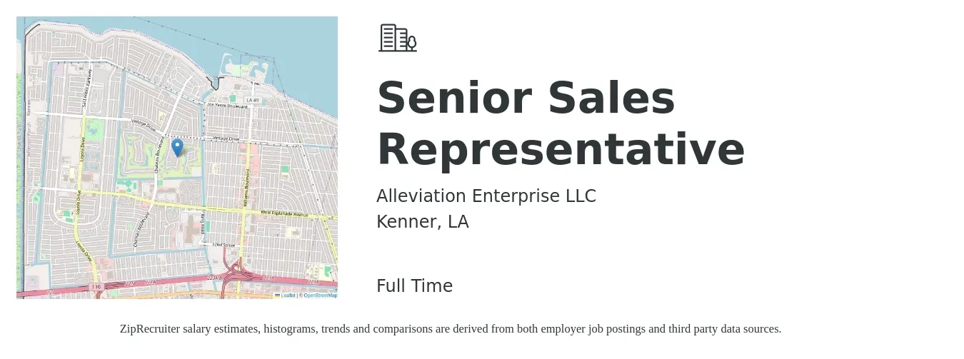 Alleviation Enterprise LLC job posting for a Senior Sales Representative in Kenner, LA with a salary of $53,100 to $97,700 Yearly with a map of Kenner location.
