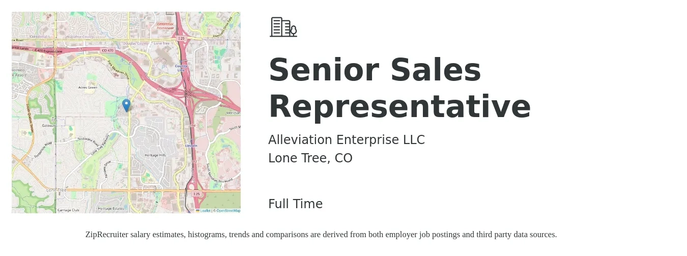 Alleviation Enterprise LLC job posting for a Senior Sales Representative in Lone Tree, CO with a salary of $66,500 to $122,200 Yearly with a map of Lone Tree location.