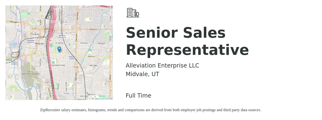 Alleviation Enterprise LLC job posting for a Senior Sales Representative in Midvale, UT with a salary of $61,300 to $112,700 Yearly with a map of Midvale location.