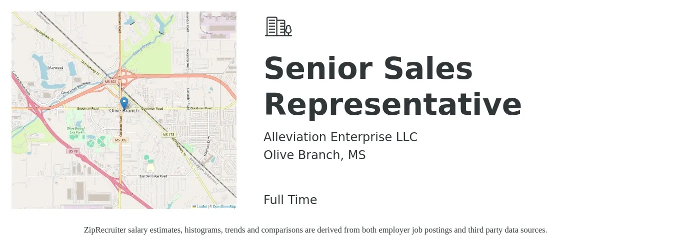 Alleviation Enterprise LLC job posting for a Senior Sales Representative in Olive Branch, MS with a salary of $58,300 to $107,200 Yearly with a map of Olive Branch location.