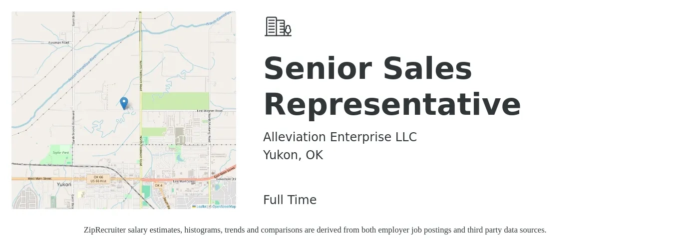 Alleviation Enterprise LLC job posting for a Senior Sales Representative in Yukon, OK with a salary of $54,800 to $100,800 Yearly with a map of Yukon location.