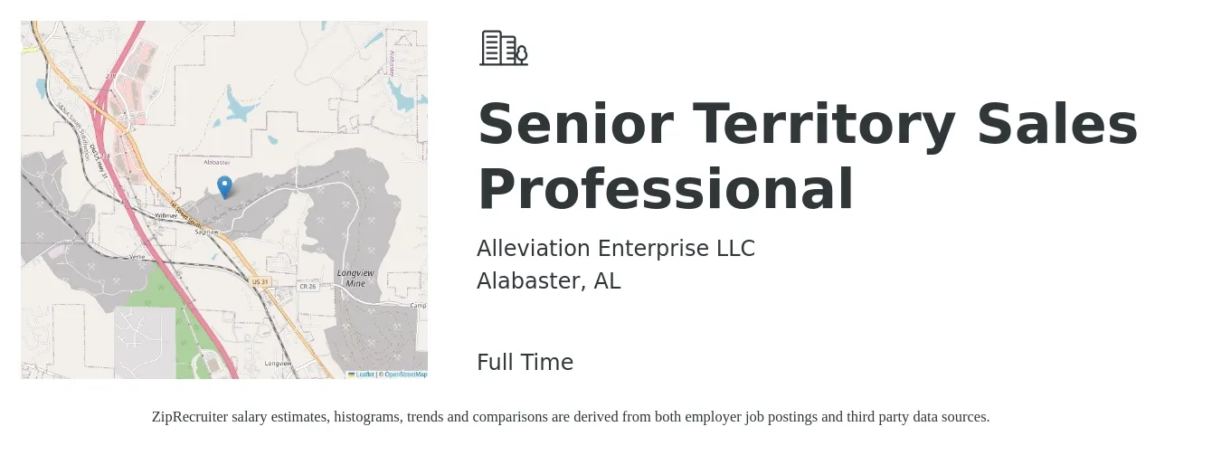 Alleviation Enterprise LLC job posting for a Senior Territory Sales Professional in Alabaster, AL with a salary of $55,300 to $101,700 Yearly with a map of Alabaster location.