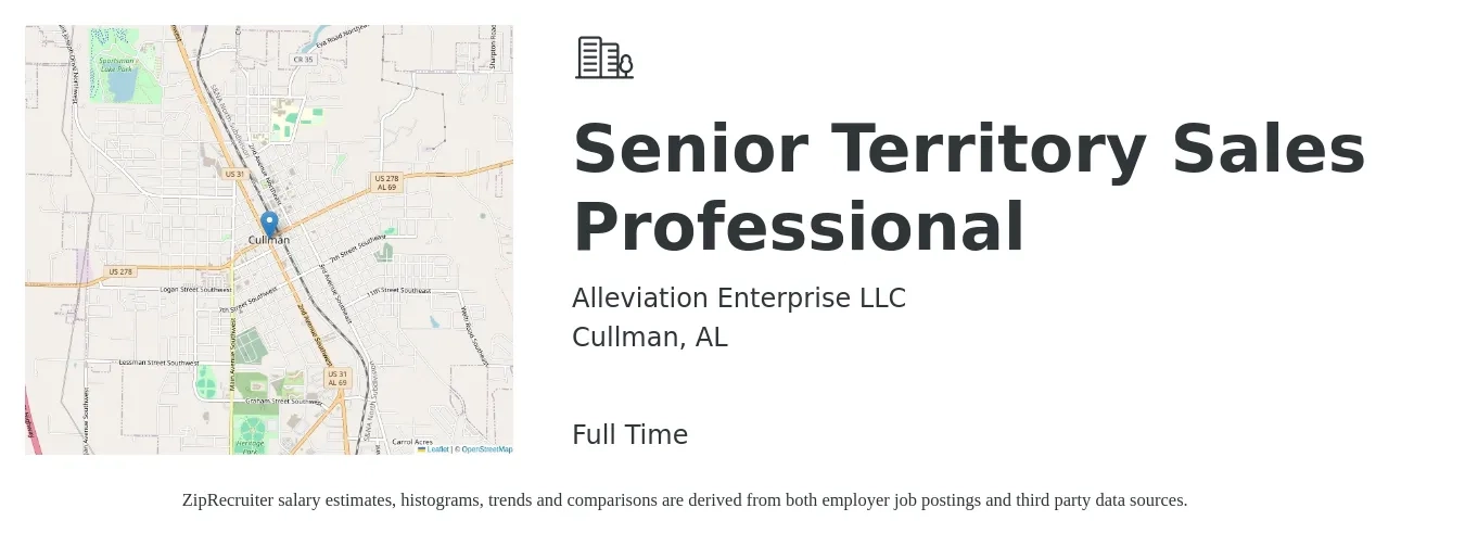 Alleviation Enterprise LLC job posting for a Senior Territory Sales Professional in Cullman, AL with a salary of $57,300 to $105,400 Yearly with a map of Cullman location.