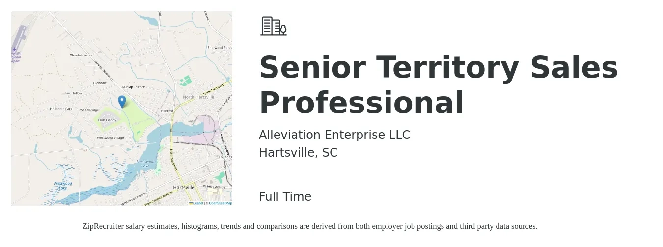 Alleviation Enterprise LLC job posting for a Senior Territory Sales Professional in Hartsville, SC with a salary of $55,800 to $102,700 Yearly with a map of Hartsville location.