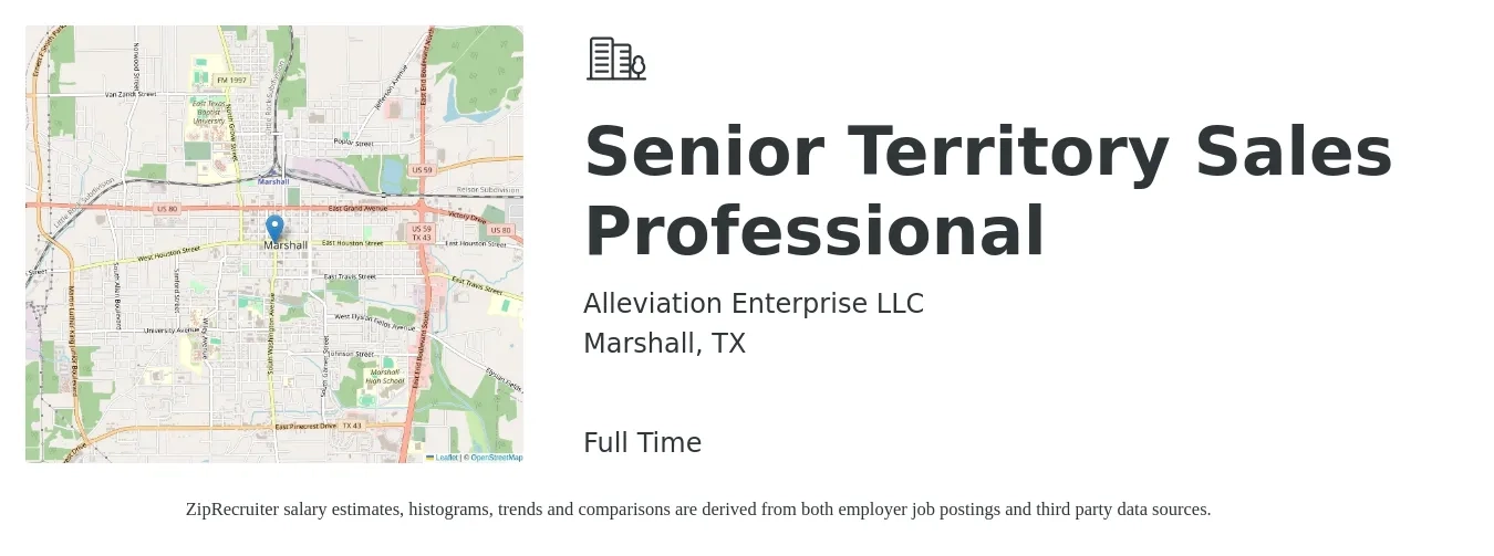 Alleviation Enterprise LLC job posting for a Senior Territory Sales Professional in Marshall, TX with a salary of $53,300 to $98,000 Yearly with a map of Marshall location.