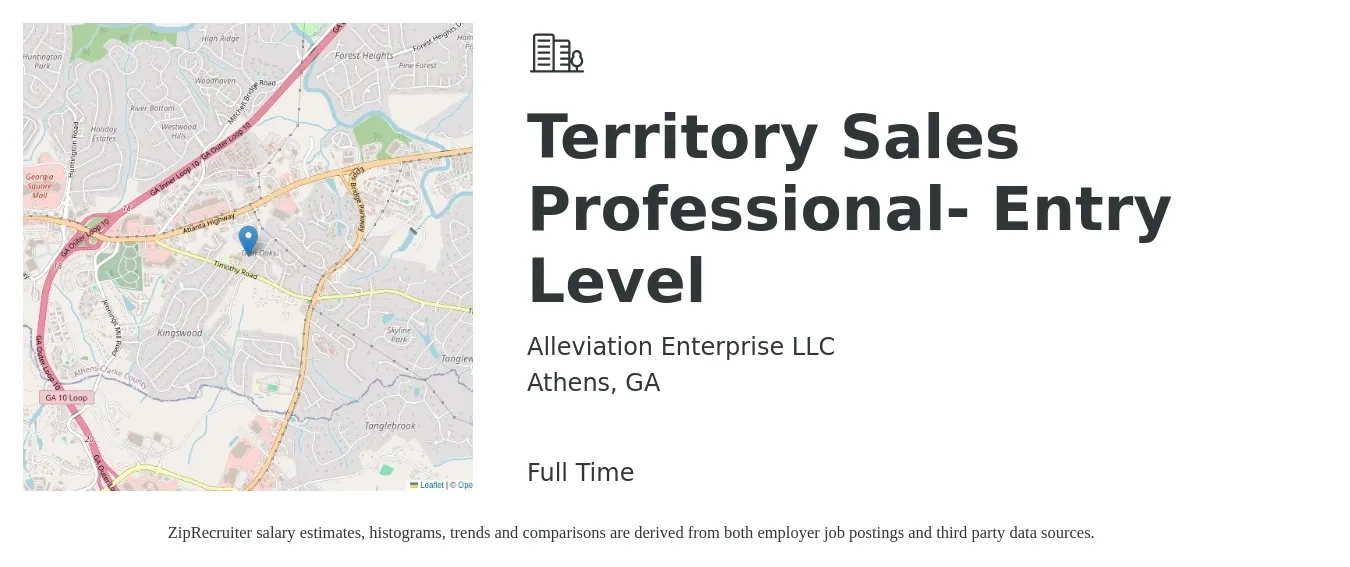 Alleviation Enterprise LLC job posting for a Territory Sales Professional- Entry Level in Athens, GA with a salary of $51,200 to $74,800 Yearly with a map of Athens location.