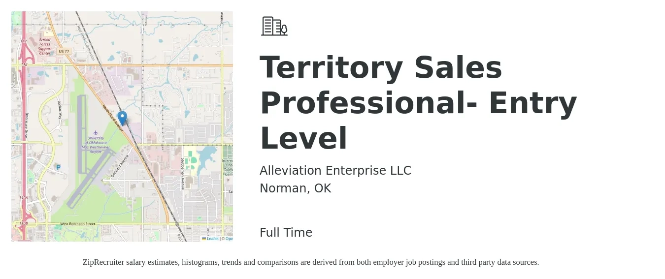 Alleviation Enterprise LLC job posting for a Territory Sales Professional- Entry Level in Norman, OK with a salary of $46,300 to $67,700 Yearly with a map of Norman location.
