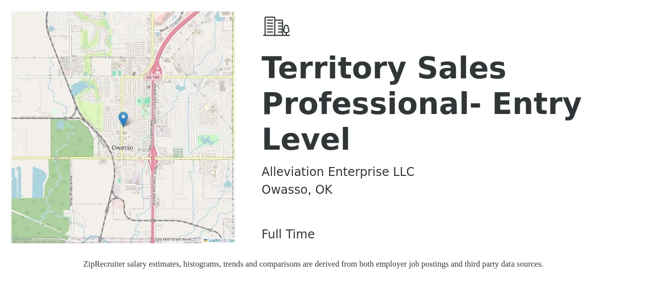Alleviation Enterprise LLC job posting for a Territory Sales Professional- Entry Level in Owasso, OK with a salary of $45,000 to $65,800 Yearly with a map of Owasso location.